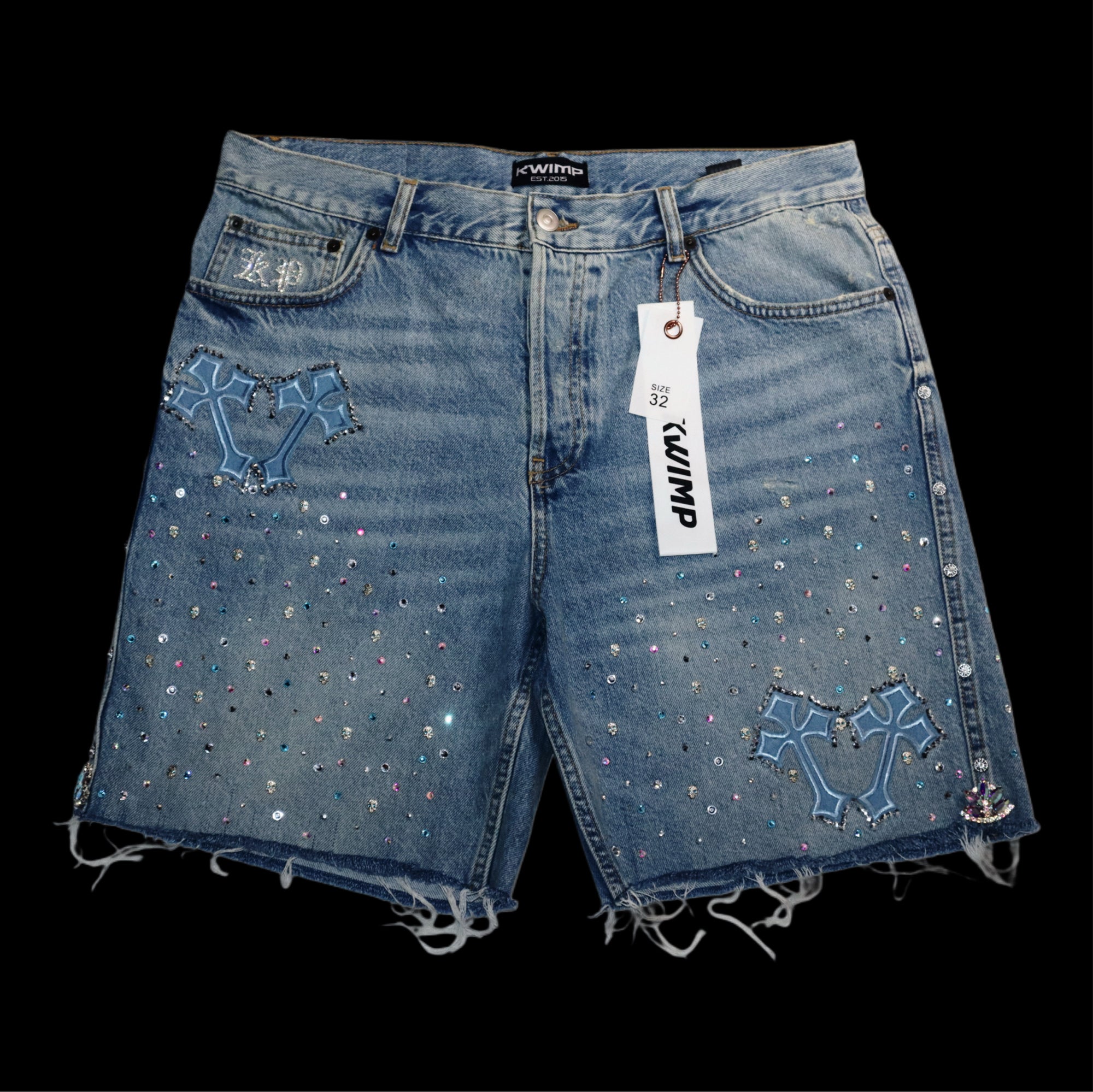 KP: Double Cross Denim Jeans Shorts {size 32}